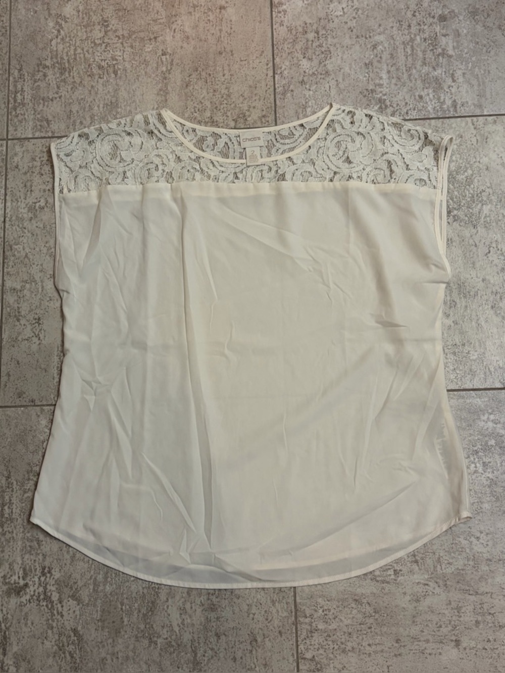 Chico's Cream Lace Yoke Cap Sleeve Top 2(L)